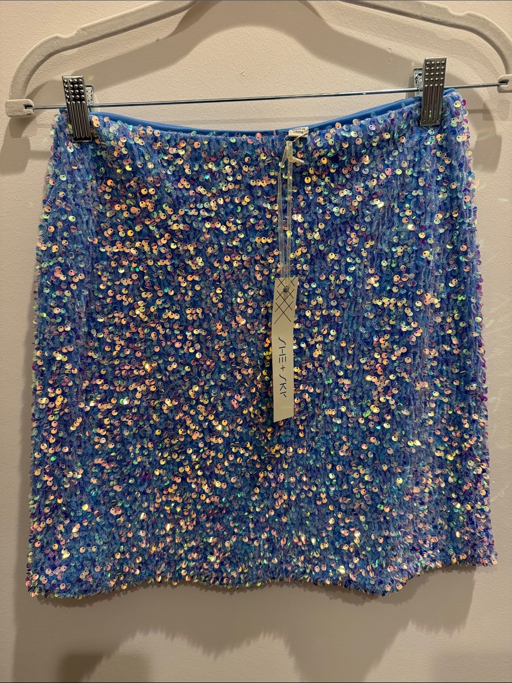 She + Sky Periwinkle Blue Iridescent Sequin Mini Skirt